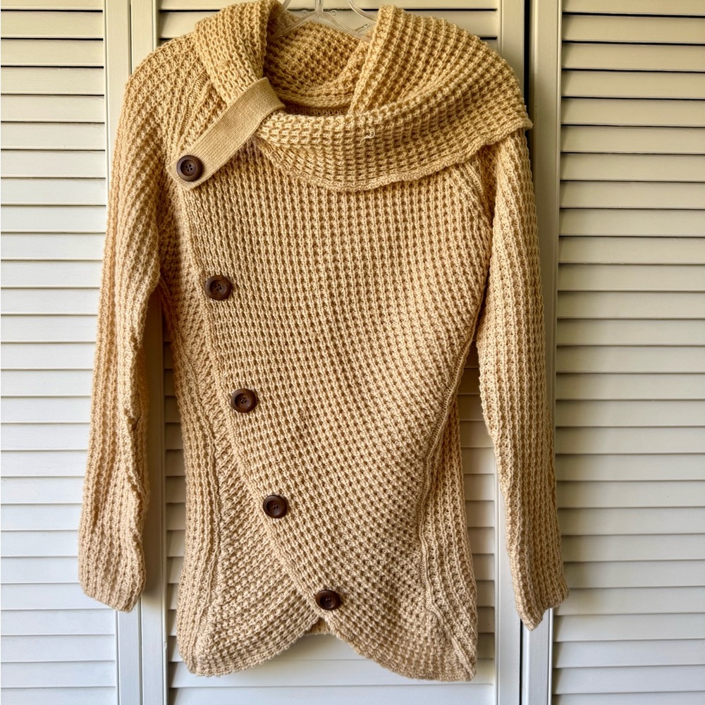 Asymmetrical Cream Waffle Knit Button Cardigan Sweater
